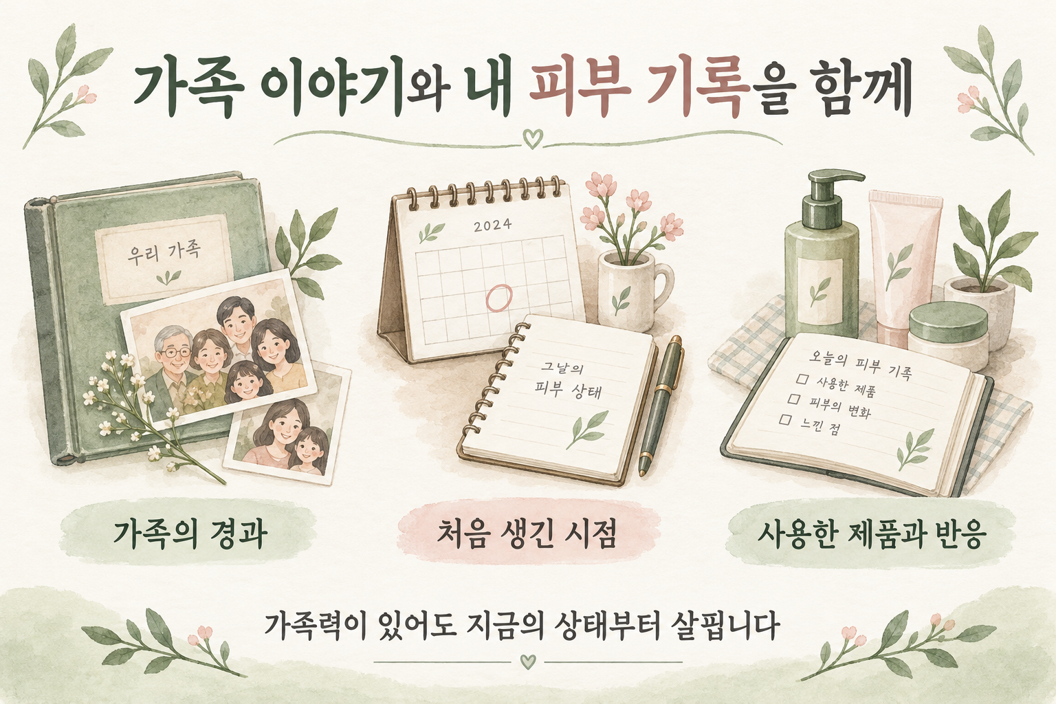 가족의 경과, 처음 생긴 시점, 사용한 제품과 반응을 정리하는 그림