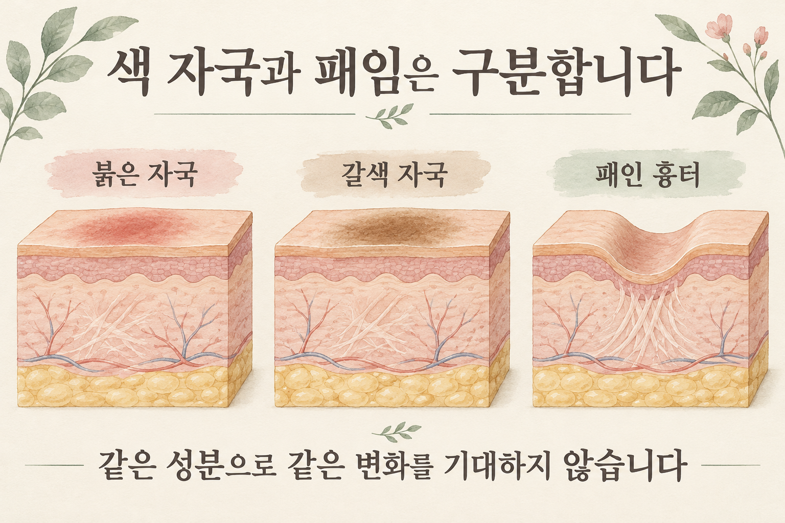 평평한 붉은 자국과 갈색 자국, 패인 흉터의 표면 형태를 구분하는 개념도