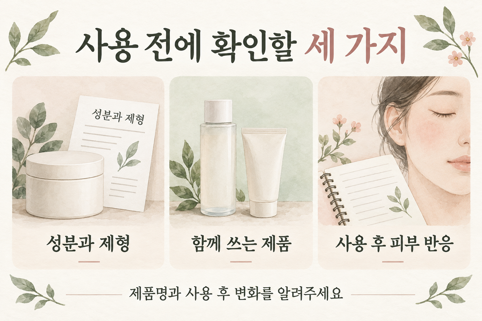 성분과 제형, 함께 쓰는 제품, 사용 후 피부 반응을 확인하는 그림
