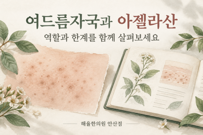여드름 뒤 갈색 자국과 아젤라산을 주제로 한 설명 삽화