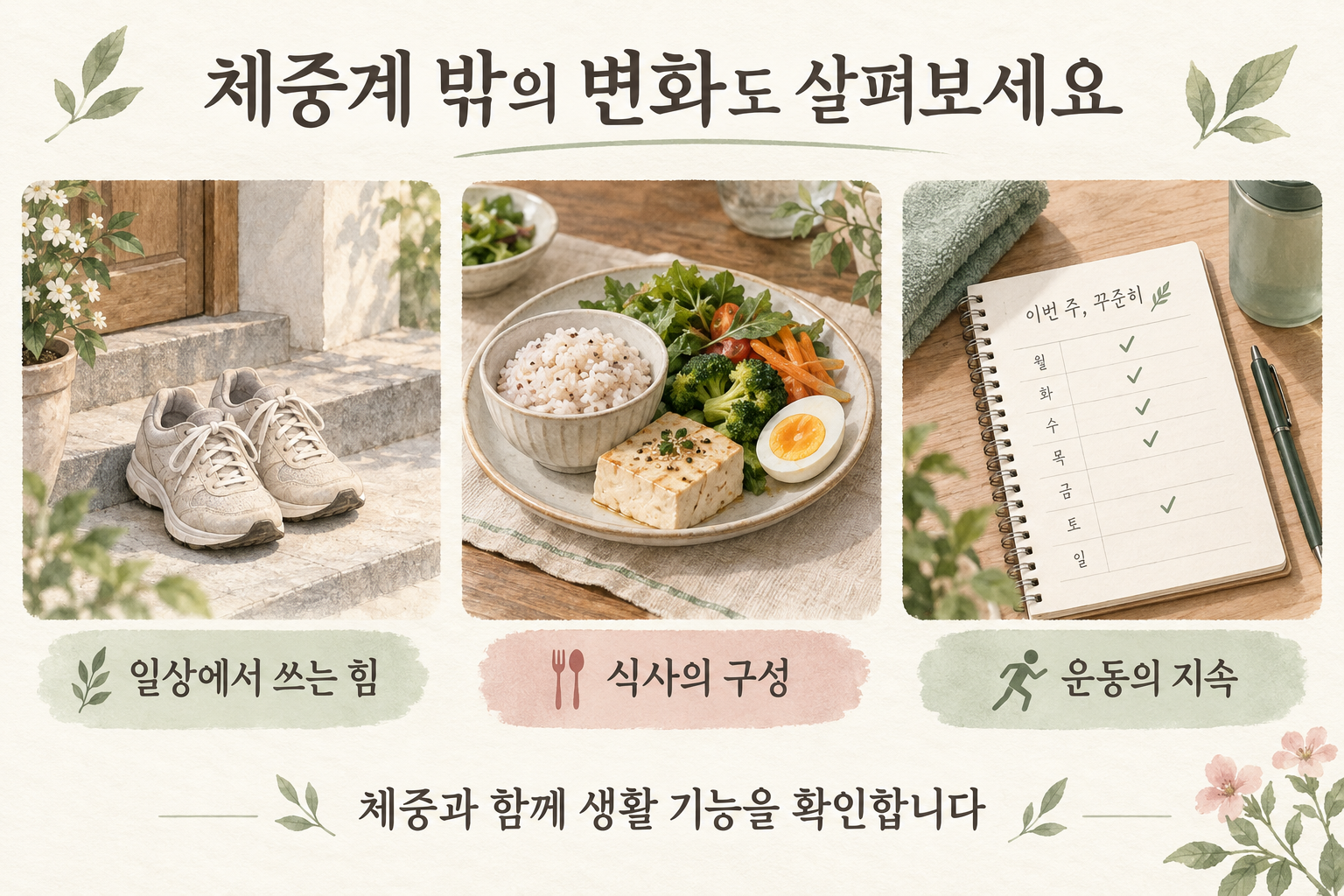 체중과 함께 일상에서 쓰는 힘, 식사 구성, 운동 지속을 확인하는 그림