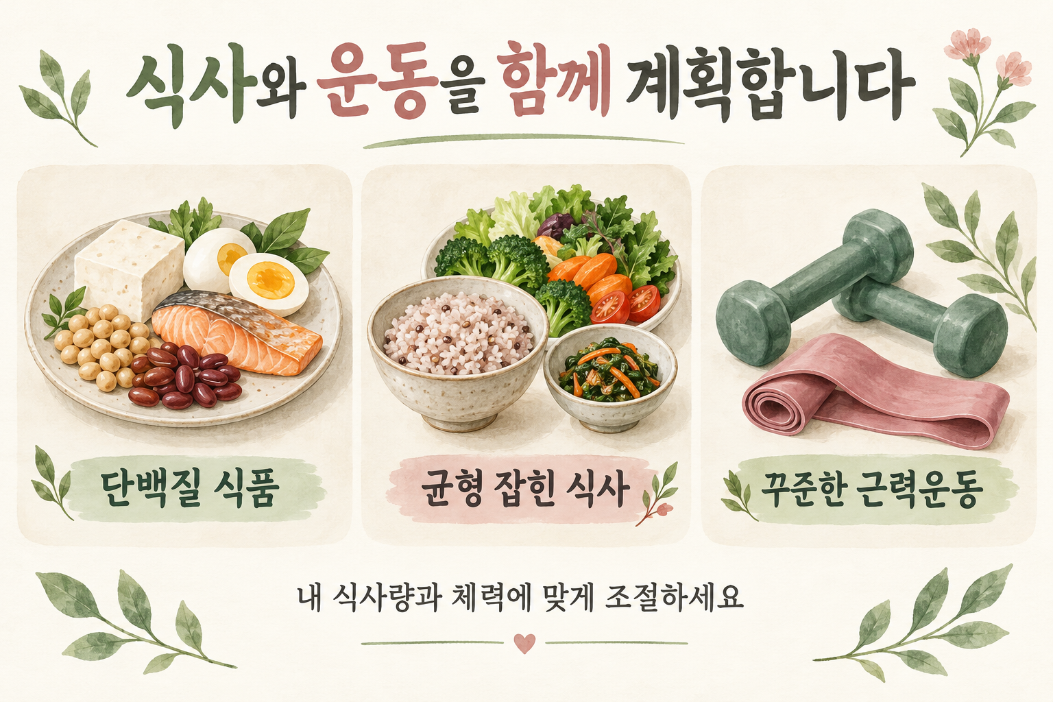 단백질 식품, 균형 잡힌 식사, 꾸준한 근력운동을 설명하는 그림