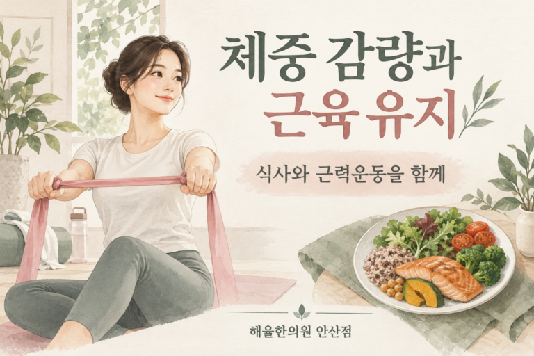 감량 중 식사와 근력운동을 함께 살피는 다이어트 설명 삽화