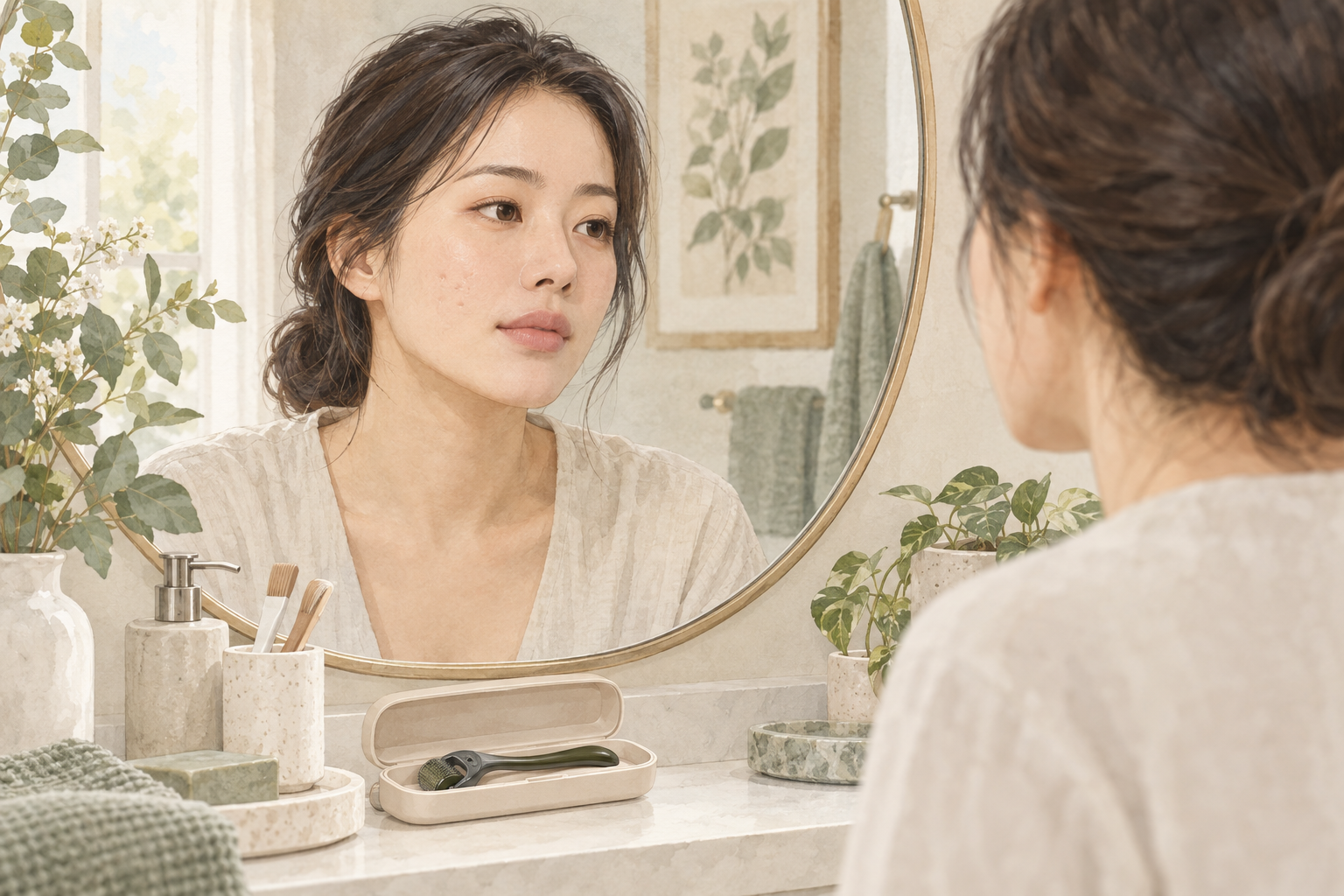 거울로 볼의 피부결을 살펴보는 성인과 보관함에 놓인 미사용 롤러의 수채화 설명 그림