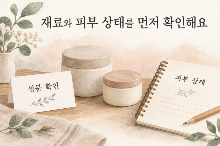 새 제품을 고르기 전에 성분과 현재 피부 상태를 확인하는 수채화 설명 그림