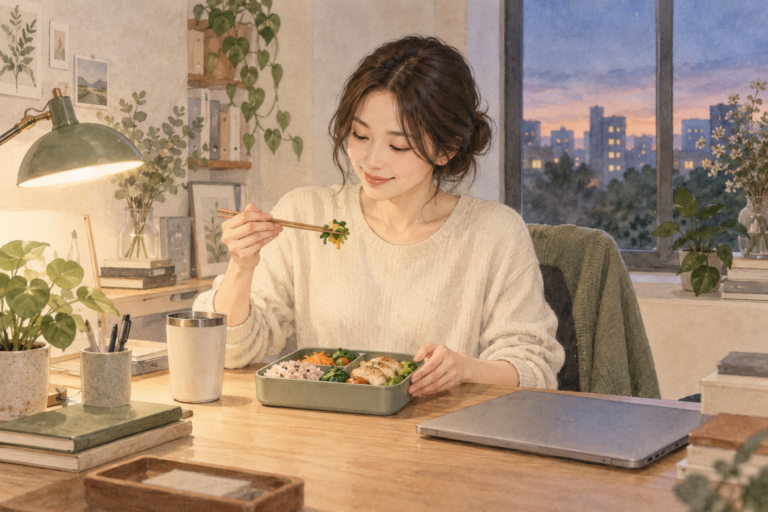 저녁 사무실에서 균형 있게 준비한 도시락을 먹는 성인의 수채화 설명 그림