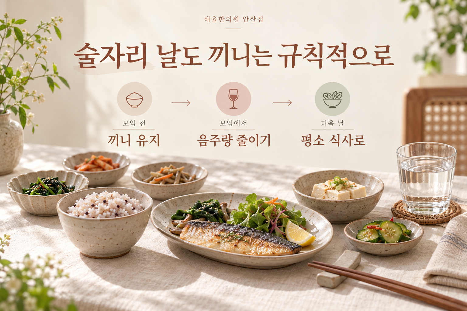 술자리 전 끼니 유지, 모임에서 음주량 줄이기, 다음 날 평소 식사로 돌아가는 순서