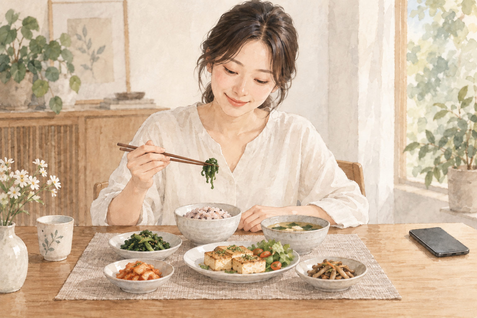 휴대폰을 옆에 내려놓고 식탁의 식사에 집중하는 성인의 수채화 설명 그림