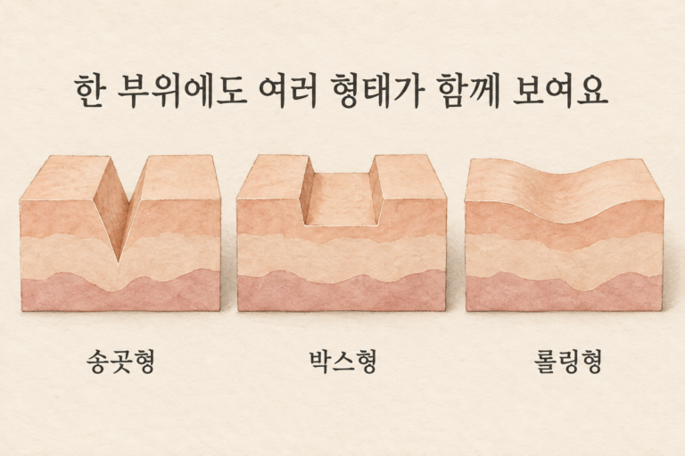 좁고 깊은 패임, 경계가 있는 패임, 넓고 완만한 패임을 구분해 그린 수채화 설명 그림