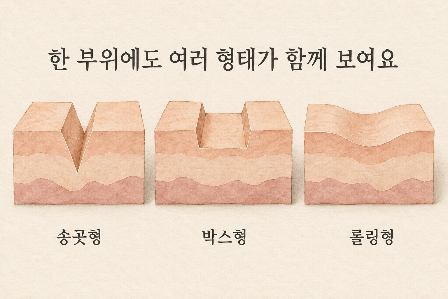 좁고 깊은 패임, 경계가 있는 패임, 넓고 완만한 패임을 구분해 그린 수채화 설명 그림