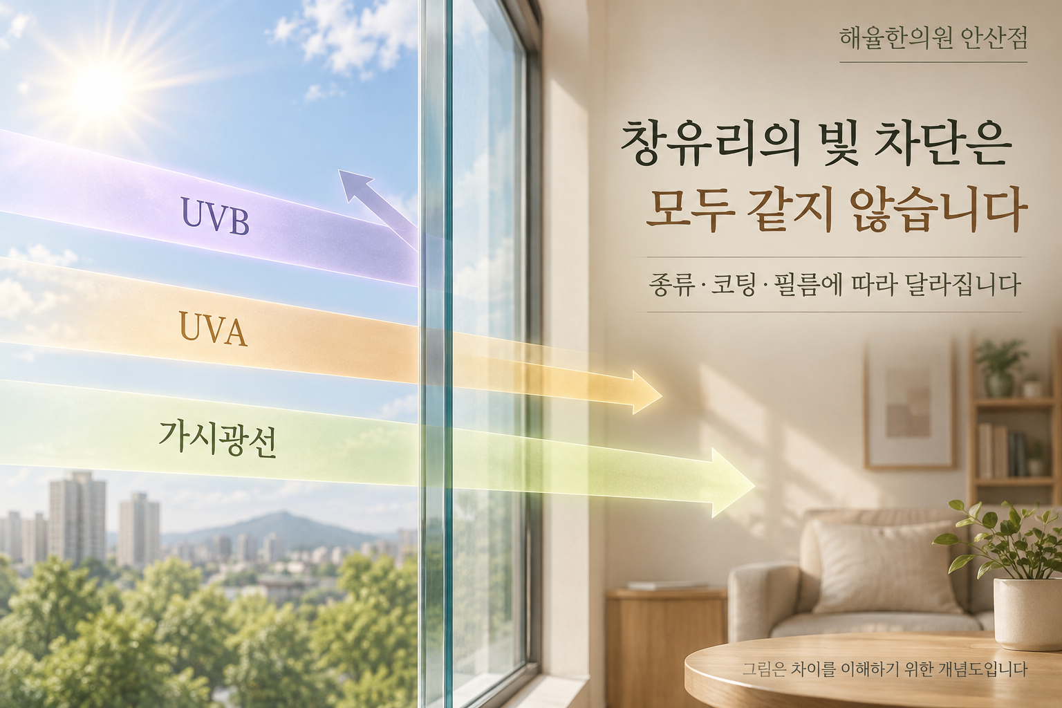 창유리의 UVB와 UVA 및 가시광선 투과 차이