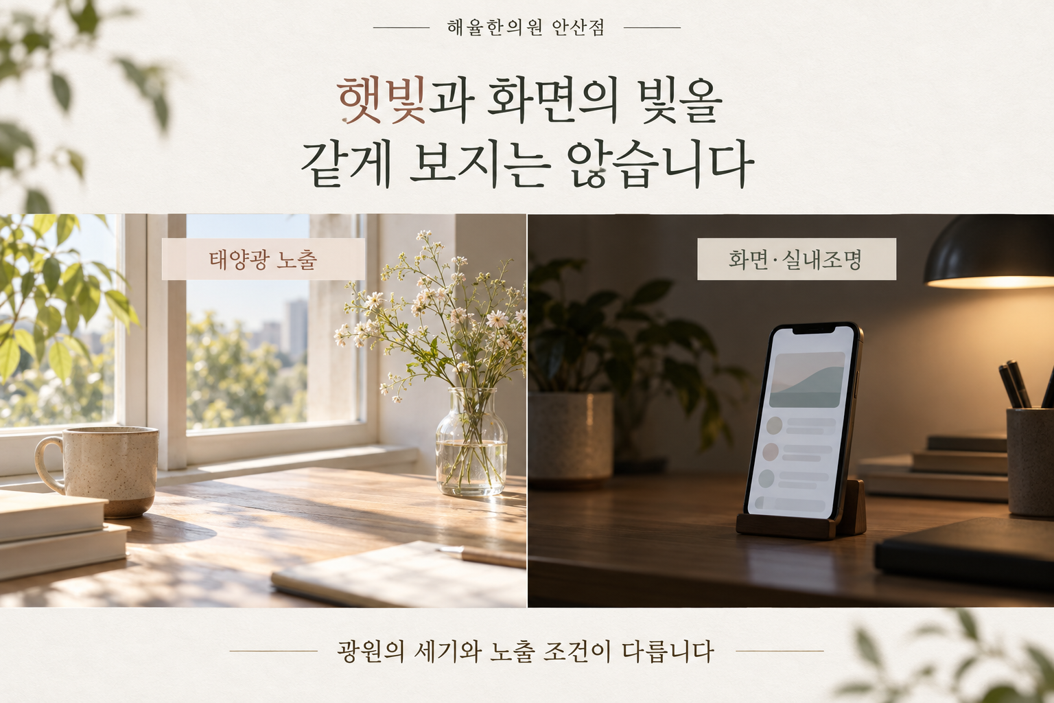 태양광과 화면 및 실내조명의 서로 다른 노출 조건