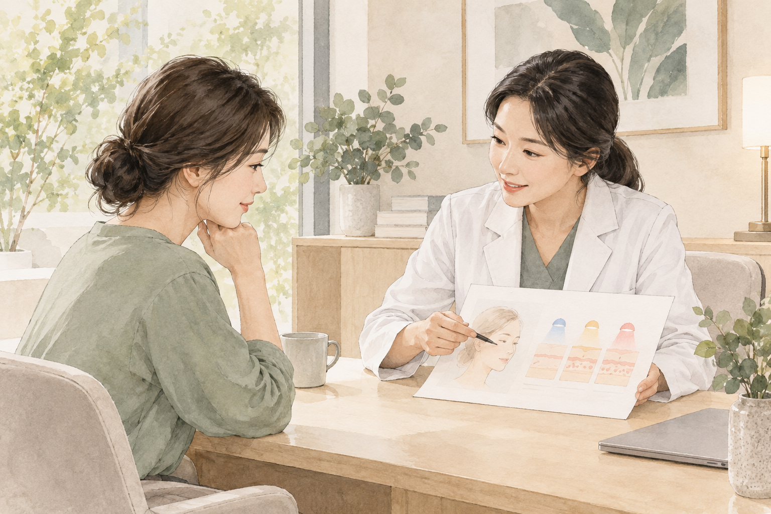 피부 상태와 야외활동을 의료진에게 설명하는 상담 장면의 수채화 설명 그림
