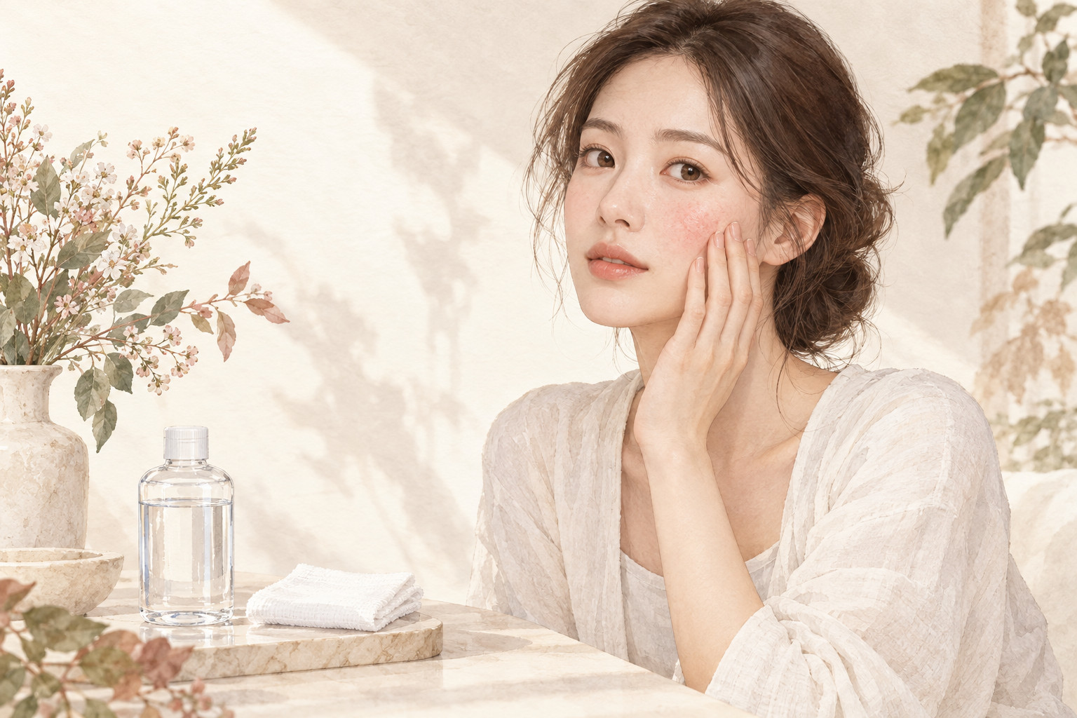 생리식염수와 거즈를 준비하고 붉은 피부를 살피는 모습
