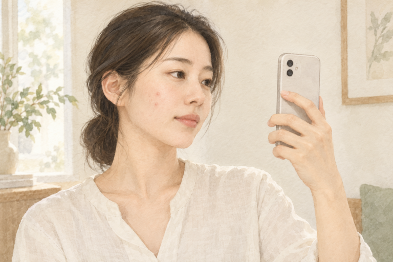 밝은 창가에서 휴대폰으로 자신의 볼을 촬영하는 성인의 수채화 설명 그림
