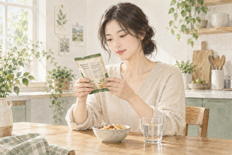 간식 포장 뒤쪽 영양정보를 읽는 수채화 설명 그림