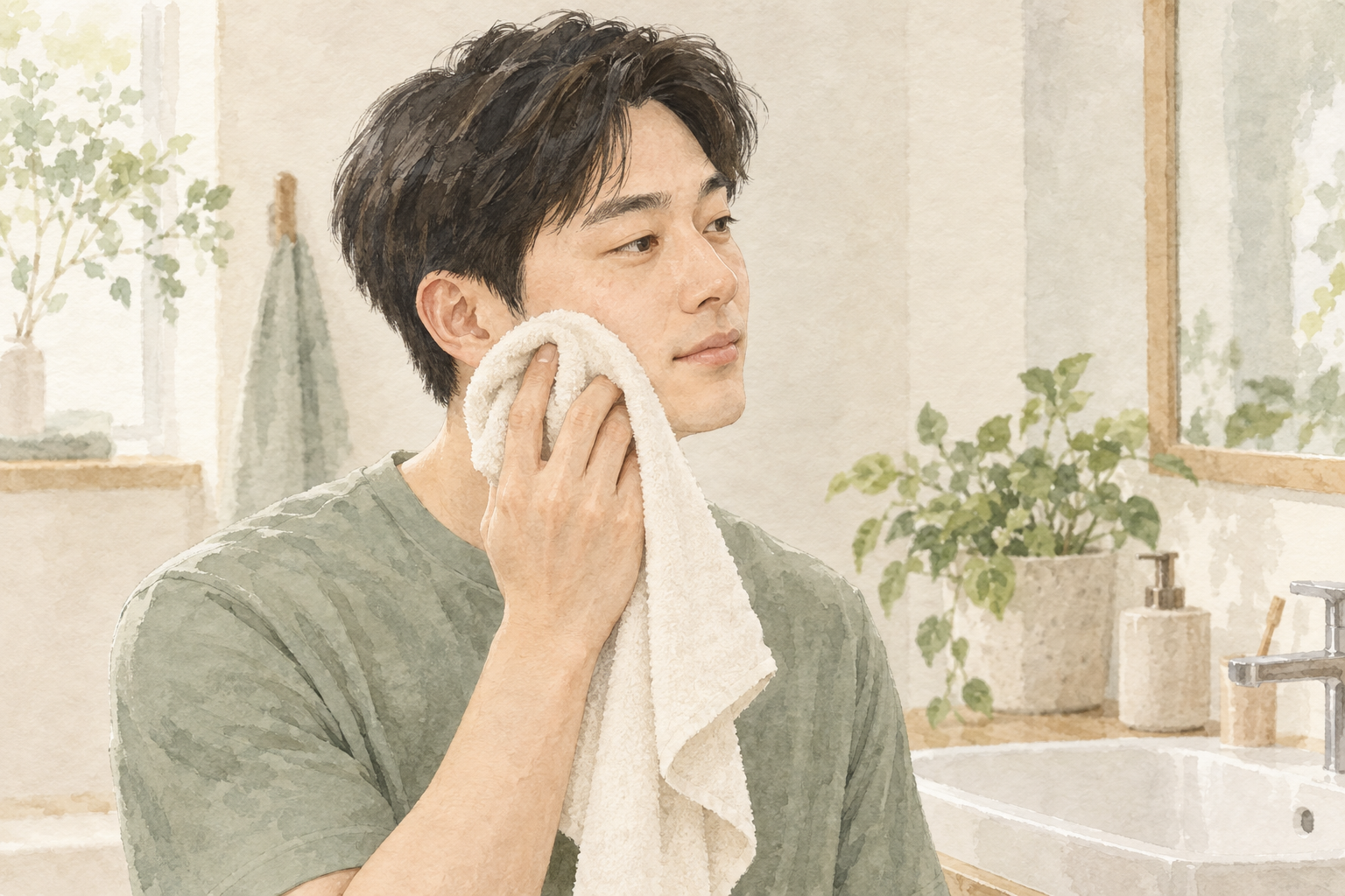 세안한 뒤 부드러운 수건을 볼에 가볍게 눌러 물기를 정리하는 수채화 설명 그림